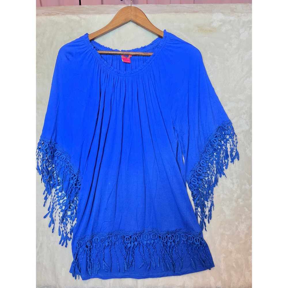 Sunny Leigh Royal Blue Fringe Crochet‎ Trim Tunic Top Womens Small SL001508 Boho